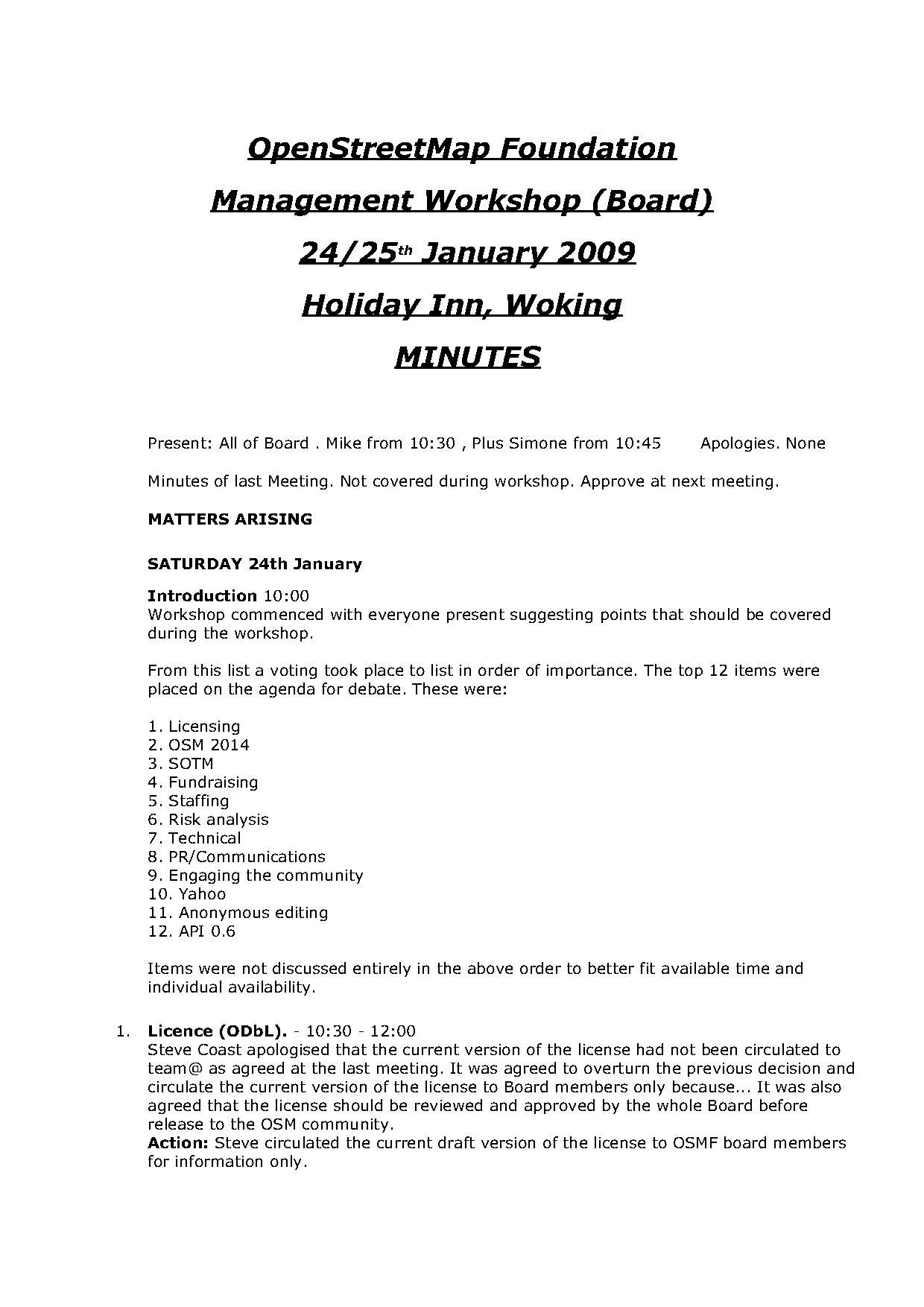 OSMF Board Worksop – Woking – Minutes 2009-01-24/25